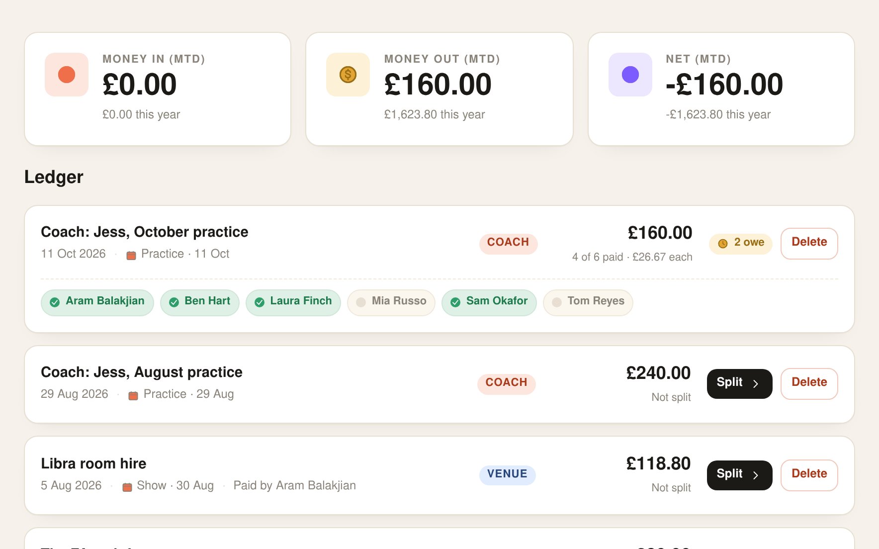 Screenshot: Costs & subs, sorted