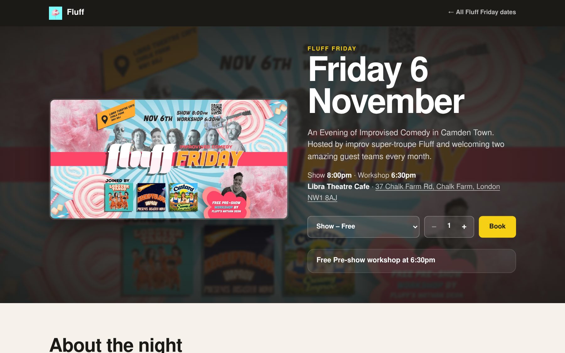 Screenshot: a Nights show page with tickets